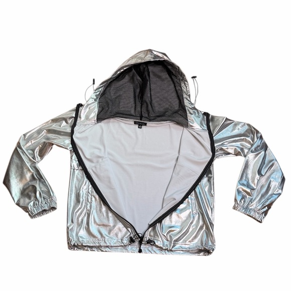 ELLIE & KATE Zip Up Jacket Hoodie Silver Metallic Black Zipper Pockets Shiny S - Picture 14 of 16